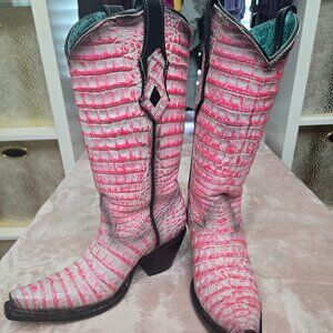 Corral Pink Full Caiman Hand Painted Pink Cowboy Boots Size 6.5